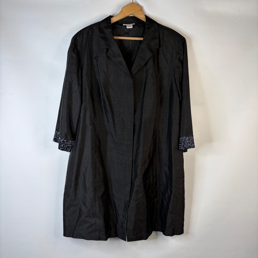 Avenue Duster Coat Womens 20W Black Silk Beaded Cuff Longline Jacket